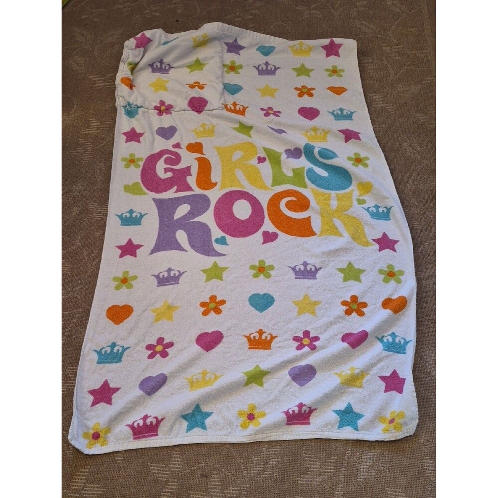 Girls Rock Hooded Beach Towel Poncho Folds into Built In Bag Terry Cloth